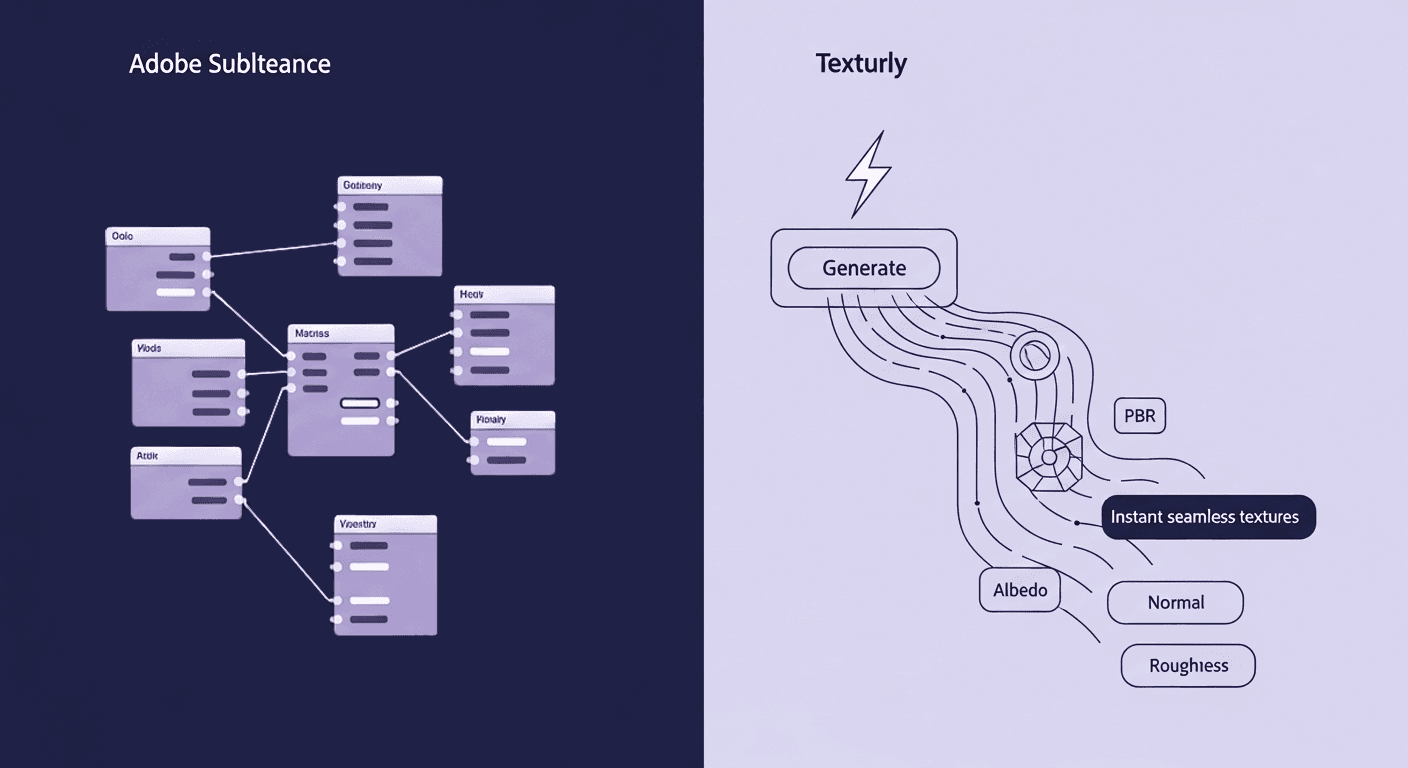 When to Ditch Nodes for AI: A Texturly vs. Adobe Substance Workflow Comparison A diagram contrasting two texture creation workflows: the left shows a complex Adobe Substance node graph, while the right shows Texturly's instant seamless textures function, leading to outputs like Albedo, Normal, and PBR.