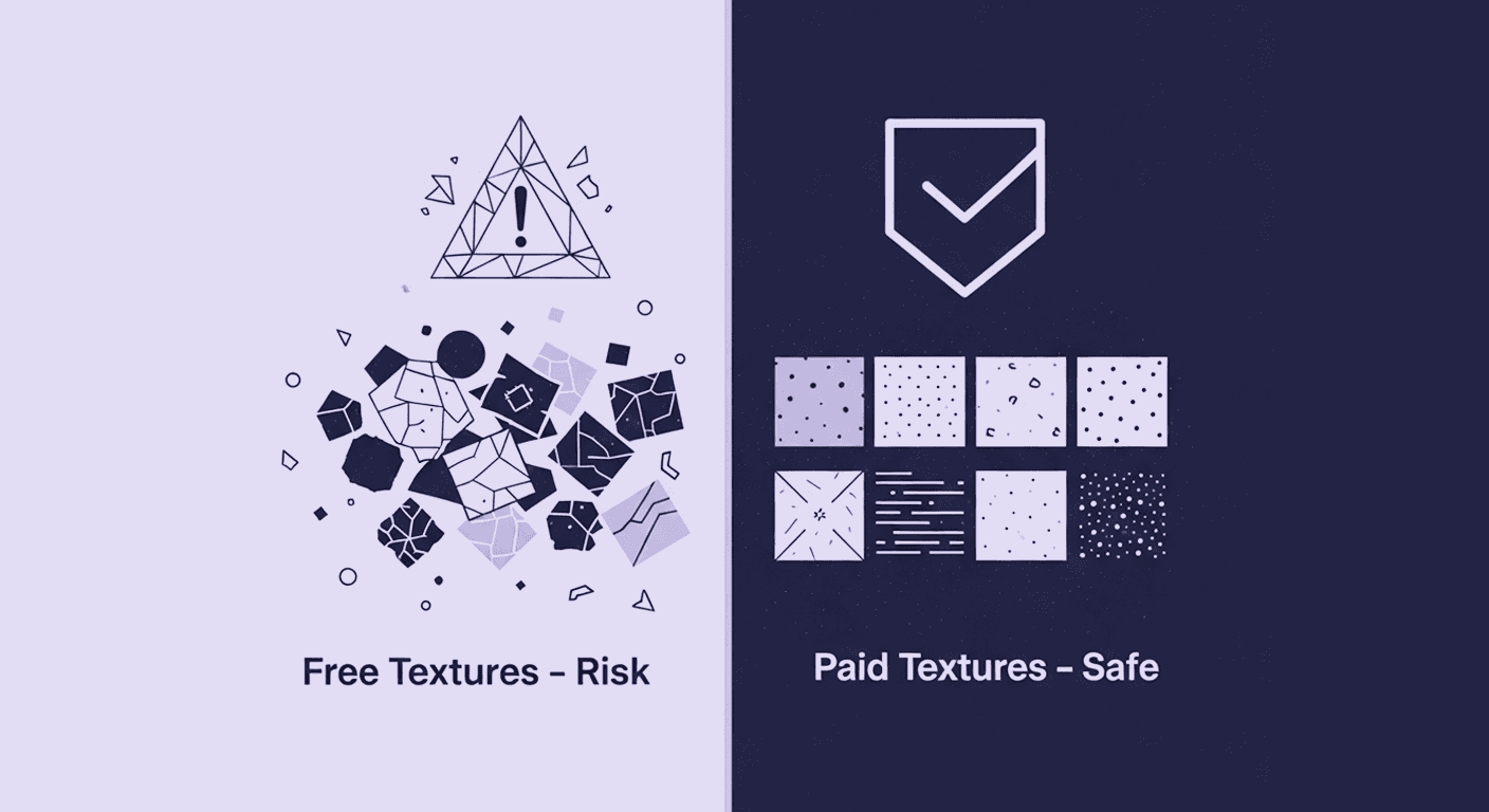 Cost vs. Quality: A Decision Framework for PBR Textures A conceptual diagram is split into two sides. The left side shows chaotic, broken shapes and a warning sign labelled Risk, while the right side shows organised, clean texture swatches with a checkmark labelled Safe, addressing the decision for PBR textures.