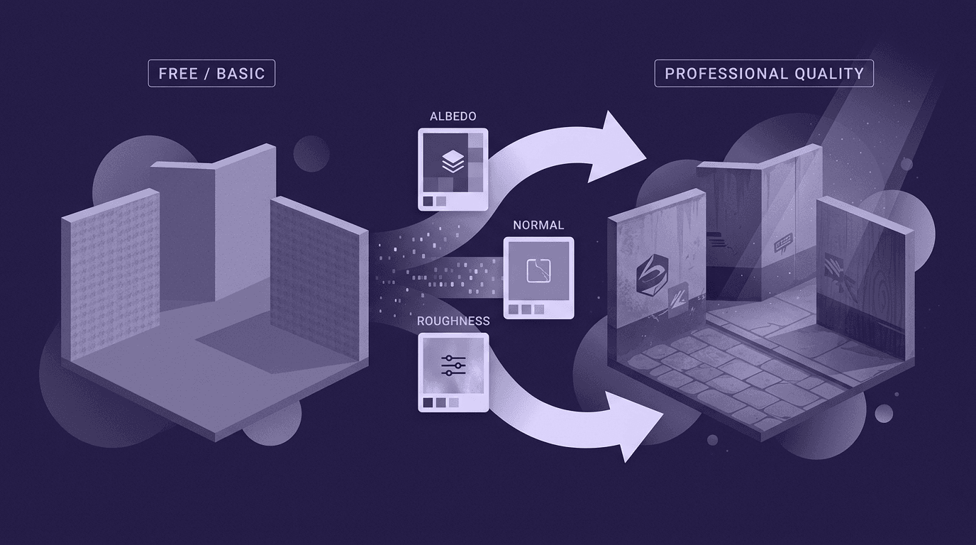 Upgrading Free Assets to Professional Quality via PBR Maps A technical comparison diagram showing a Free/Basic untextured gray box environment transitioning into a Professional Quality dungeon through the application of Albedo, Normal, and Roughness maps.