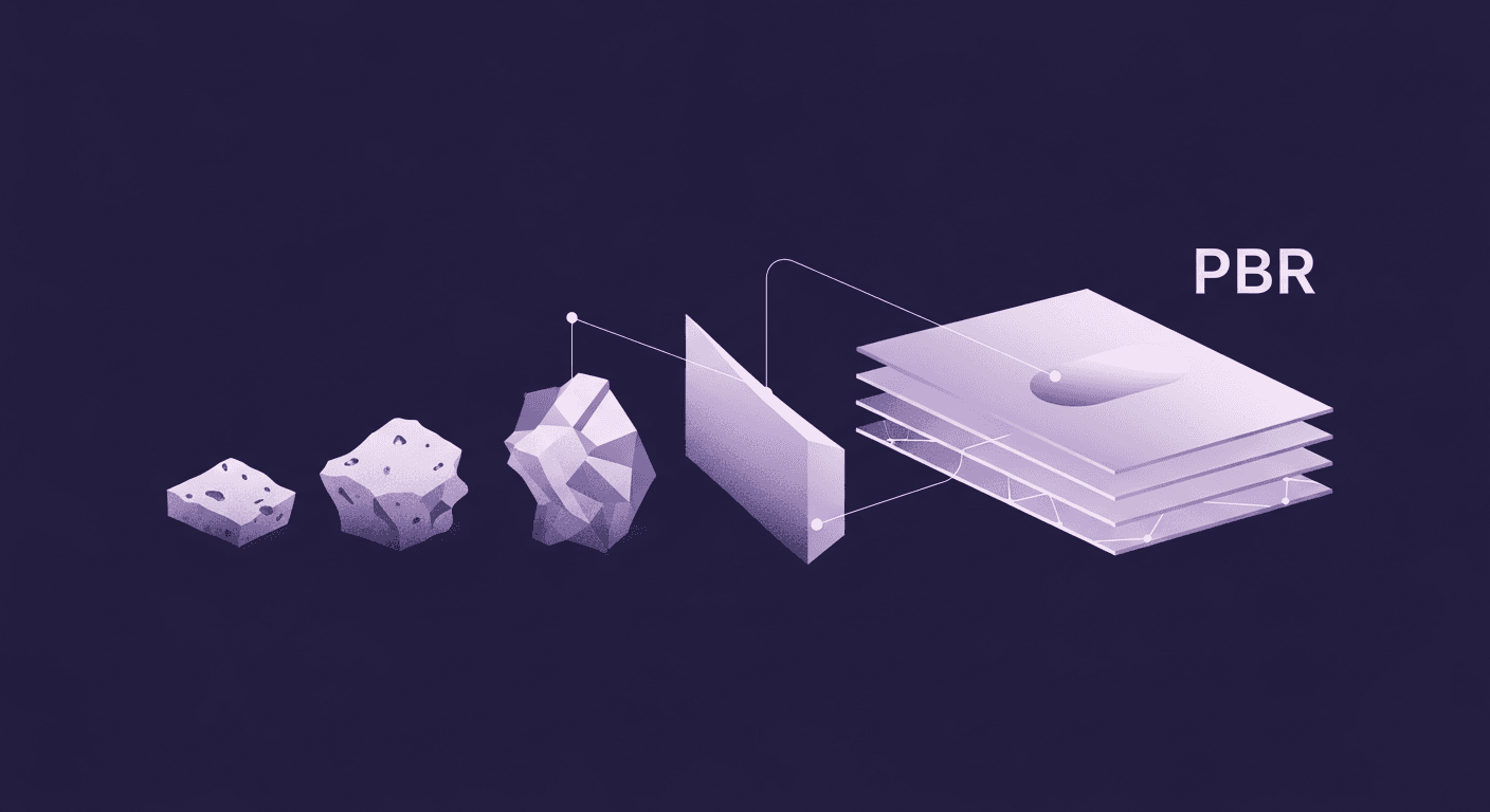 What We Learned from 5 Years of PBR Pipeline Battles An illustration showing the steps of a Physically Based Rendering (PBR) pipeline. Four rocks of increasing complexity on the left transform into a series of layered, labeled digital texture maps on the right, which are stacked and marked with the acronym PBR.