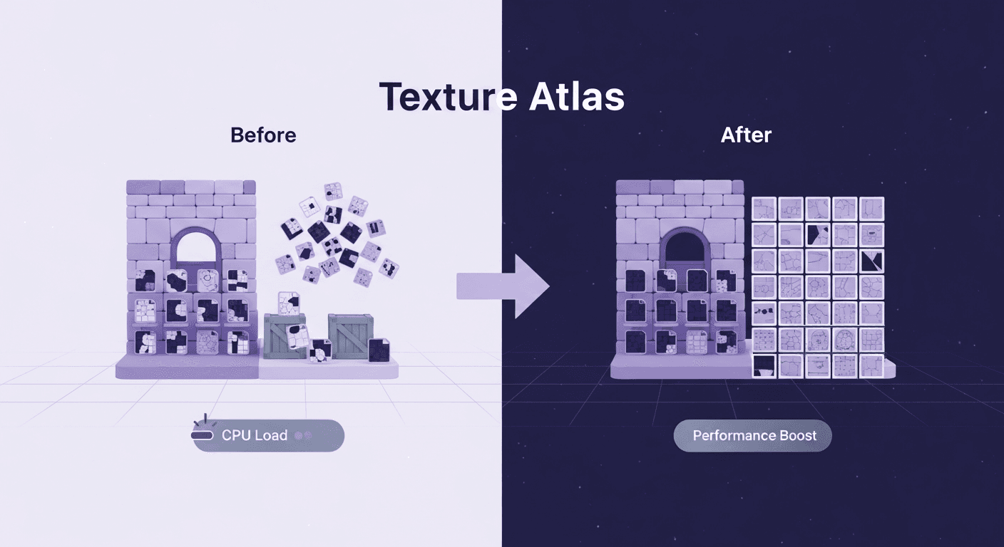 Build Unity 3D Texture Atlas Workflows That Actually Ship A diagram illustrating the concept of a Texture Atlas, showing a Before state with many scattered texture cubes and high CPU Load, transitioning to an After state where all textures are consolidated into a single, organized grid, labeled Performance Boost, demonstrating efficiency in a Unity 3D game engine.