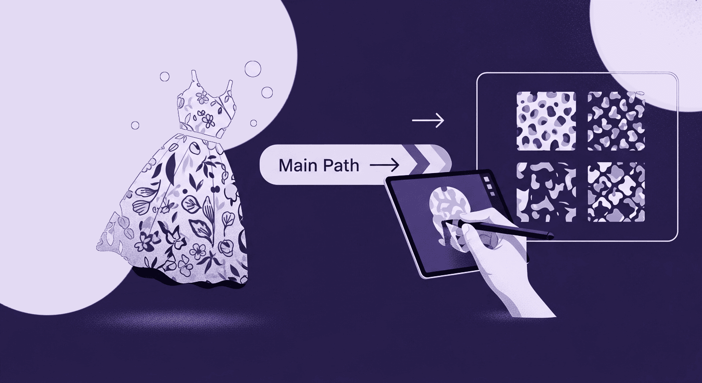 AI-Powered Clothing Pattern Design Generators An abstract representation of a digital artist using a tablet to generate and apply AI floral patterns to a 3D dress model.