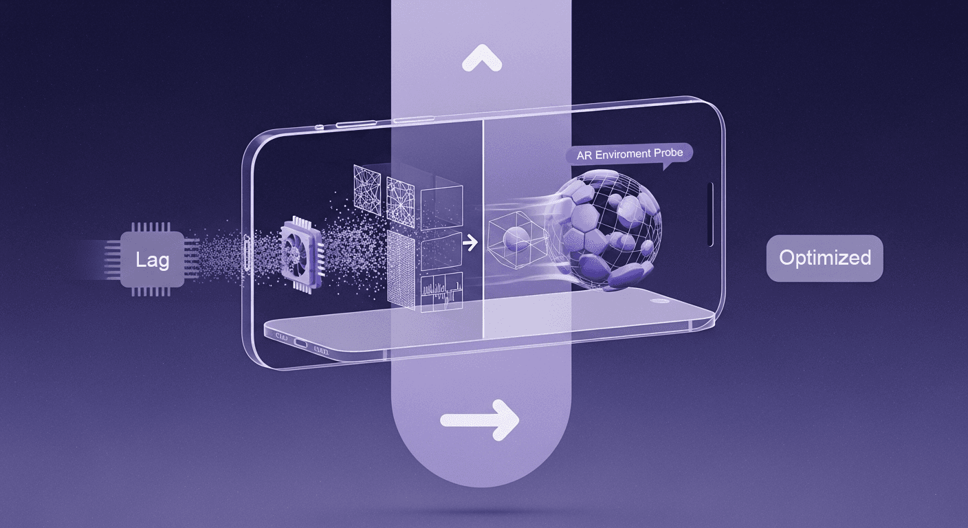 From Pixelated Mess to Polished AR: Debug ARKit Texture Generators A schematic diagram inside a stylized smartphone screen demonstrating AR optimization. It shows Lag associated with a microchip and scattered data, which is then processed and optimized into a polished AR Environment Probe, resulting in an Optimized experience, symbolizing debugging ARKit texture generators for better mobile performance.