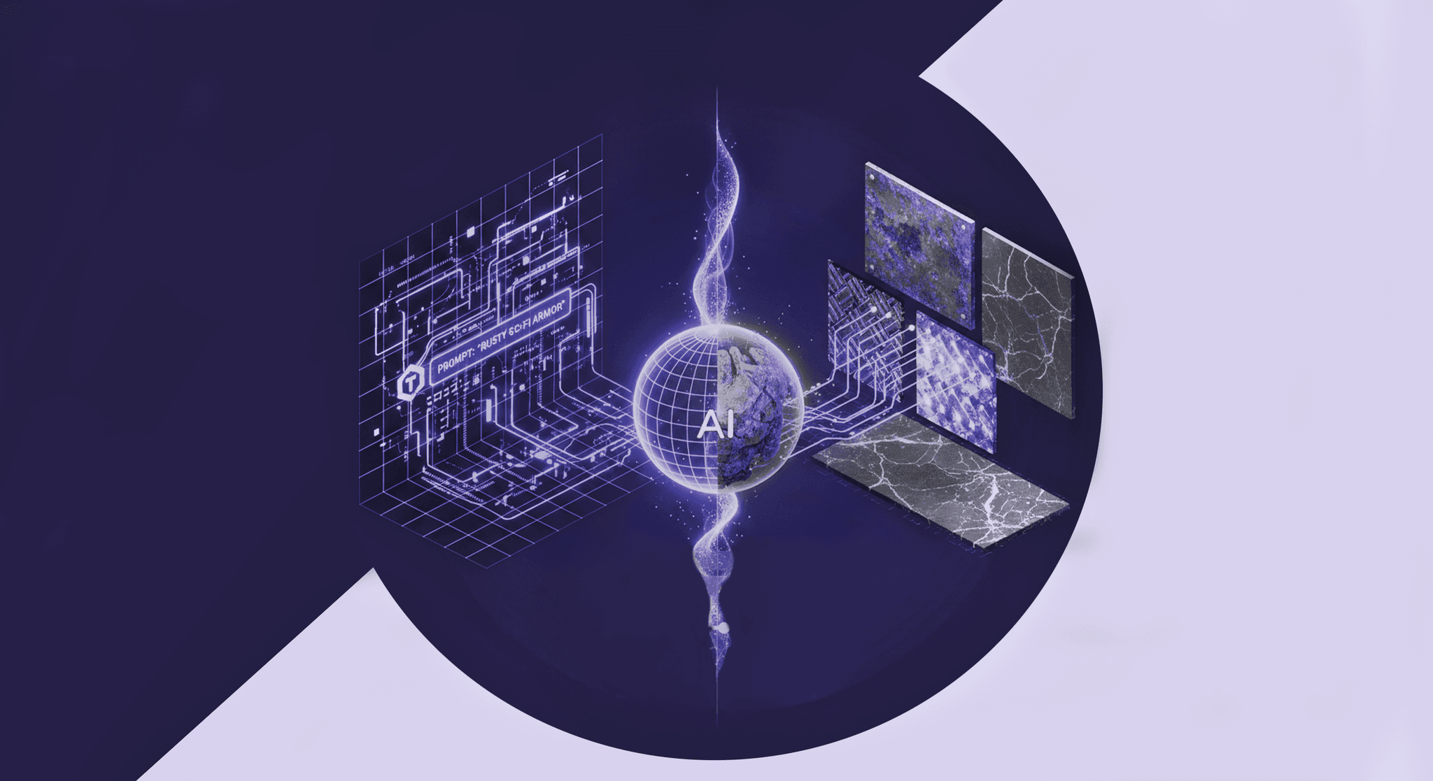 The Computational Logic of AI-Driven PBR Texture Synthesis A conceptual representation of a central latent space processor interprets a prompt into a synchronized PBR material stack, outputting Albedo, Roughness, Metallic, and Emissive maps.