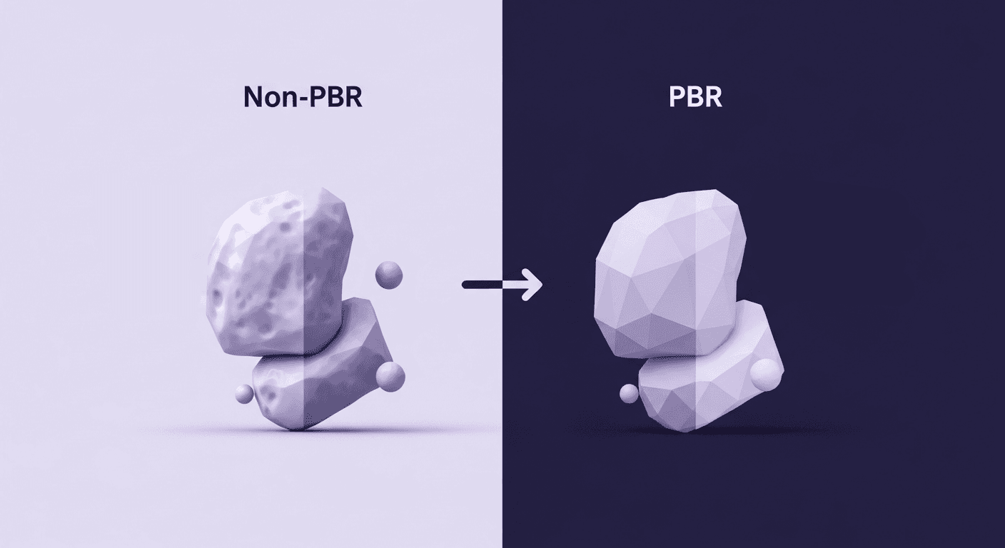 From Faking Light to Simulating Physics: PBR vs Traditional Materials A visual comparison of a 3D rock asset, contrasting the left side labelled Non-PBR (using basic lighting to fake light) with the right side labelled PBR (Physically Based Rendering), which shows accurate geometric detail and complex lighting.