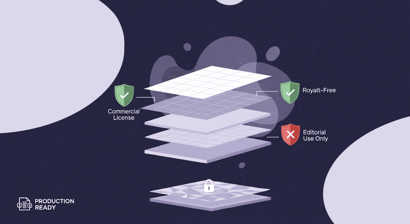 Comprehensive Guide to Digital Texture Licensing and Ownership An infographic titled Digital Texture Ownership shows layers of digital textures with checkmarks for Commercial License and Royalty-Free, and a red cross for Editorial Use Only.
