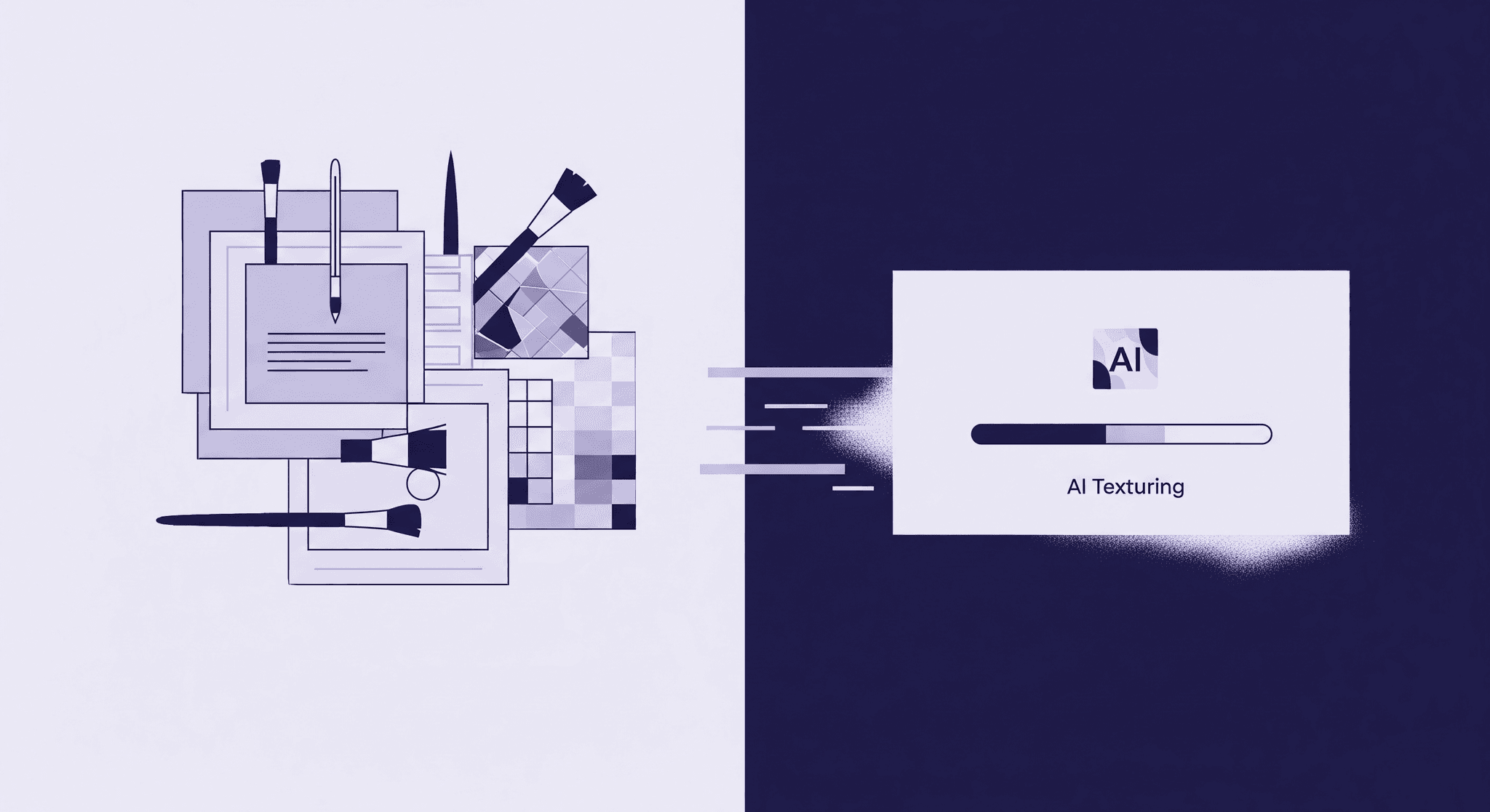 AI vs. Traditional Texturing Workflow for 3D Artists A side-by-side diagram contrasting two texturing methods. The left side shows a disorganized pile of art tools like paintbrushes and paper, representing traditional texturing. The right side shows a clean interface with a progress bar and the label AI Texturing, representing an automated AI workflow.