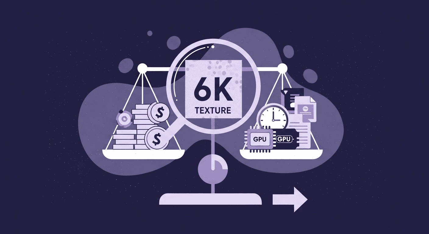 Balancing the Cost and Performance of 6K Texture Assets An illustration of a balance scale that is tipped to the right, showing that the value outweighs the cost. The left scale holds a stack of coins and dollar signs, representing cost. A magnifying glass with 6K TEXTURE is in the center. The right scale holds a clock for time, stacks of papers for file size, and two computer chips labeled GPU, representing the performance and technical cost of using high-resolution 6K textures.