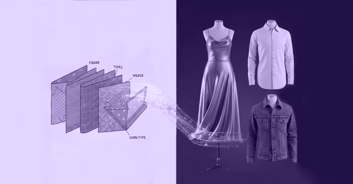 Deconstructing Textile Layers for Photorealistic Digital Clothing An abstract visual showing the layering of fiber, twill, weave, and yarn type maps feeding into digital renders of a silk dress, a cotton shirt, and a denim jacket.