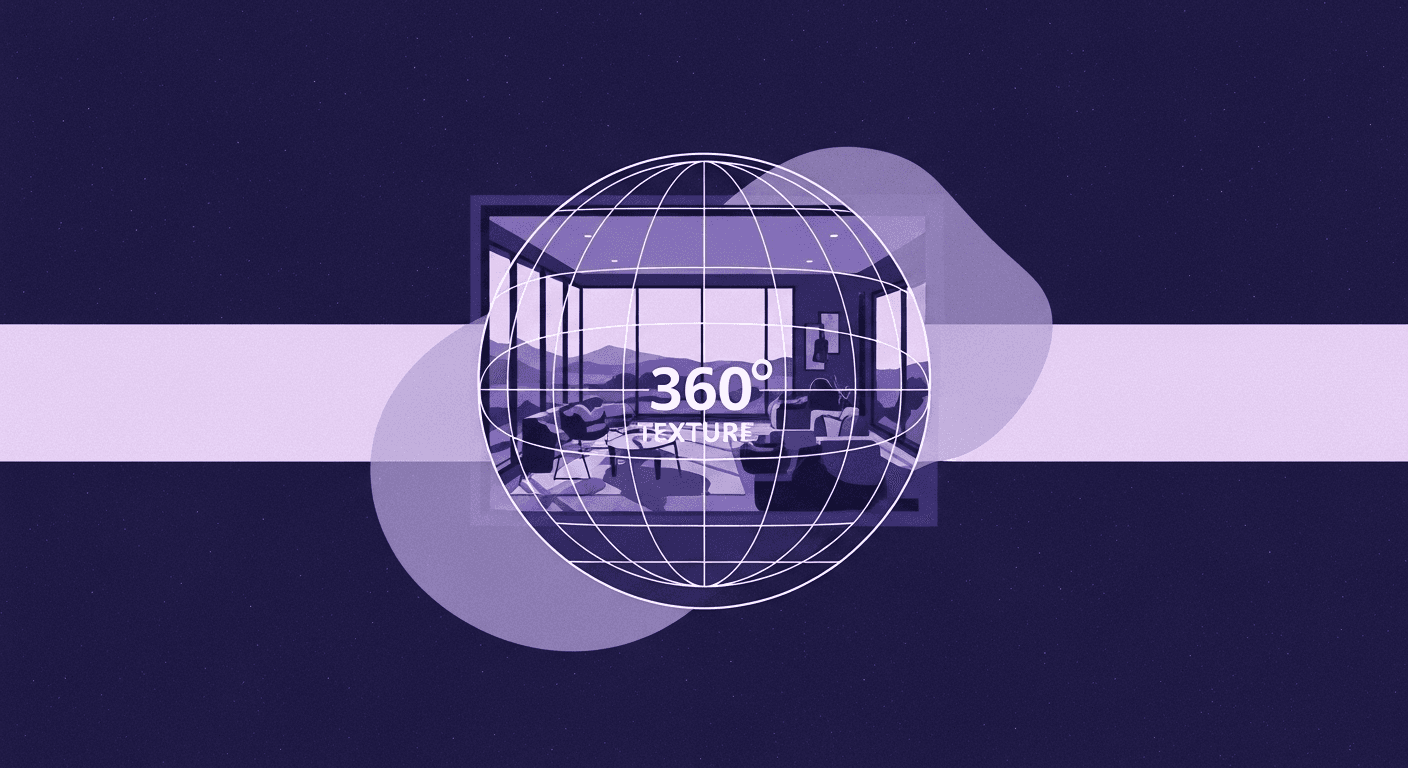 360 Environment Textures: The Complete Technical Pipeline Abstract illustration of a 360-degree sphere with gridlines superimposed over an interior room scene, along a directional arrow, symbolizing the technical pipeline for creating 360 environment textures.