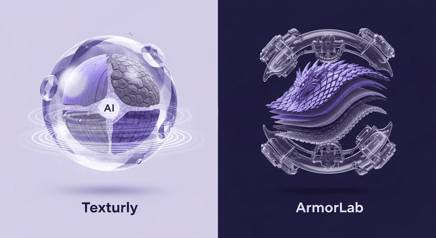Texturly vs ArmorLab: AI Texture Production Comparison An infographic comparing the AI texture generation of Texturly on the left with the PBR material authoring of ArmorLab on the right.