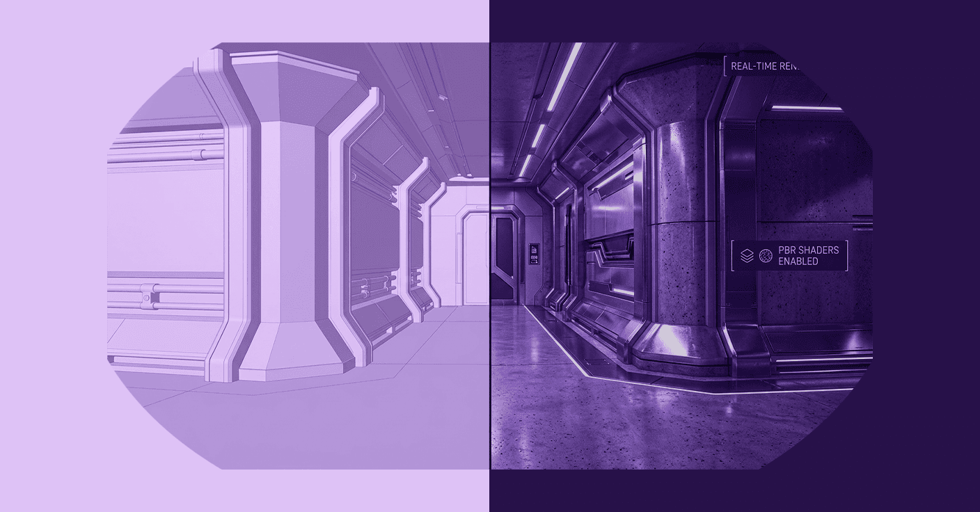 The Impact of PBR Shading on Immersive Metaverse Environments A split-screen comparison of a sci-fi interior; the left side shows a clean, untextured wireframe model, while the right side displays the same model with weathered metallic PBR textures and neon emissive lighting.