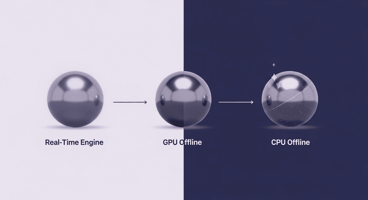 Photorealistic Metal, Demystified: A Deep Dive into Rendering Engine Performance A visual comparison showing a metal sphere rendered in three stages: Real-Time Engine (basic reflections), GPU Offline (improved realism and shadows), and CPU Offline (highest quality photorealistic metal with complex reflections and detailed scattering), illustrating the trade-off between speed and fidelity in rendering engine performance.