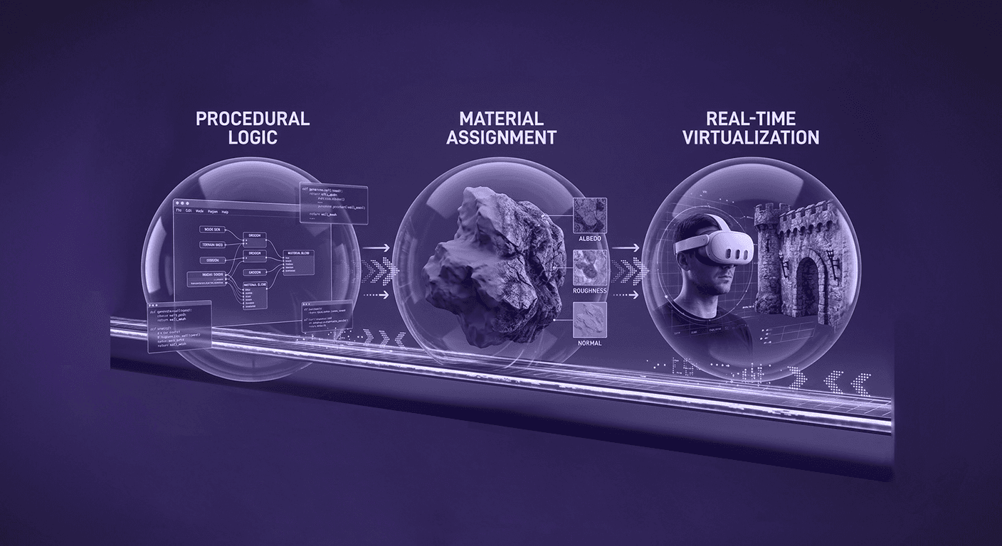 VR Texture Pipeline - Abstract Procedural Pipeline A procedural pipeline illustrating A three-stage technical diagram showing a node-based procedural interface, followed by a 3D rock asset being assigned Albedo, ending with a user in a VR headset viewing a procedural castle.