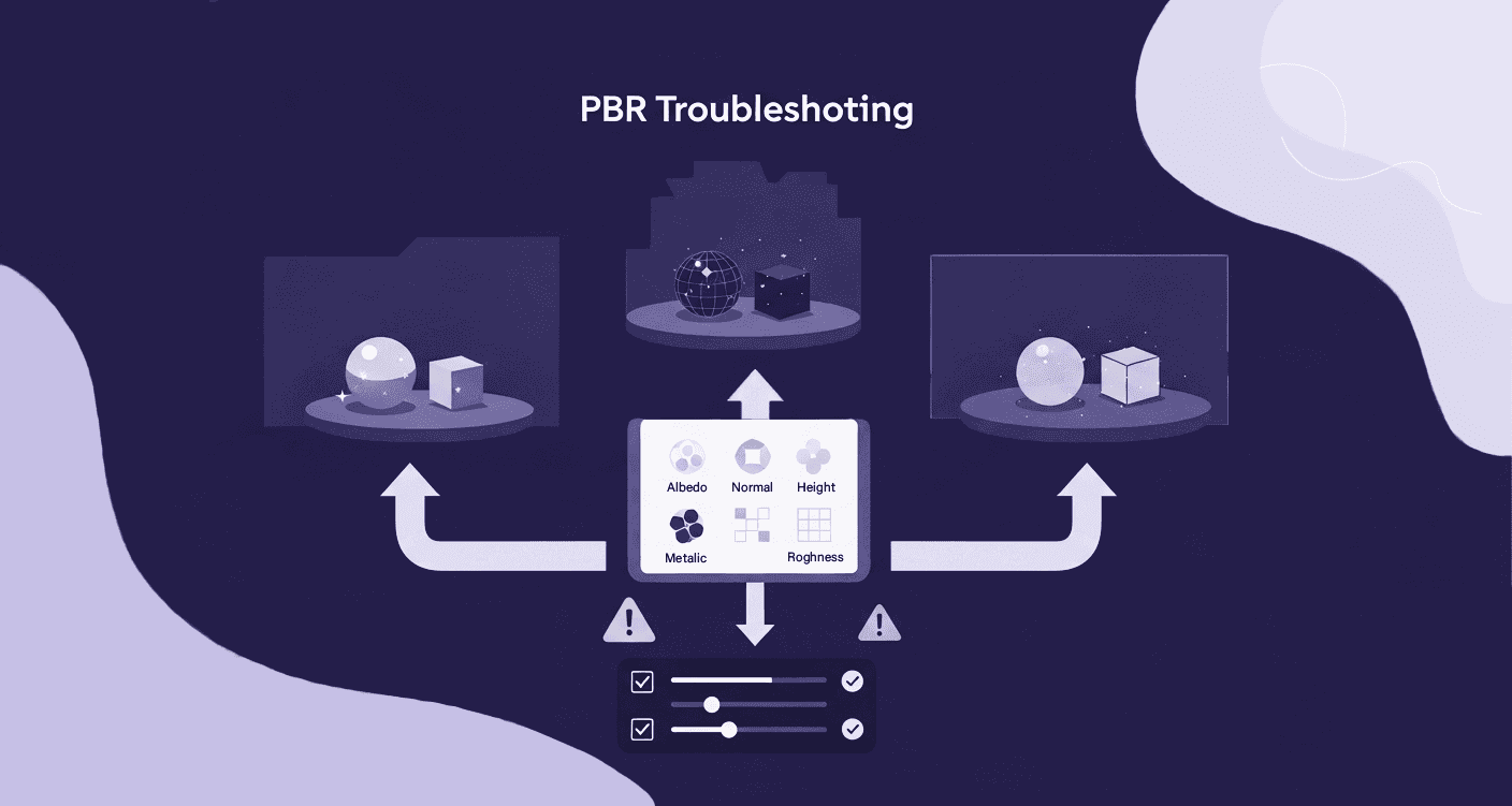 Debugging Broken PBR Renders - Abstract Pipeline Image A PBR troubleshooting guide showing Albedo, Normal, and Roughness maps being synced across Maya and Mari Engines.