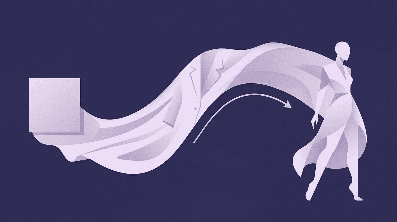 AI Textile Workflow in Digital Fashion A conceptual illustration showing a digital fabric swatch transforming into a flowing 3D garment draped on a mannequin, representing AI texture application in fashion.