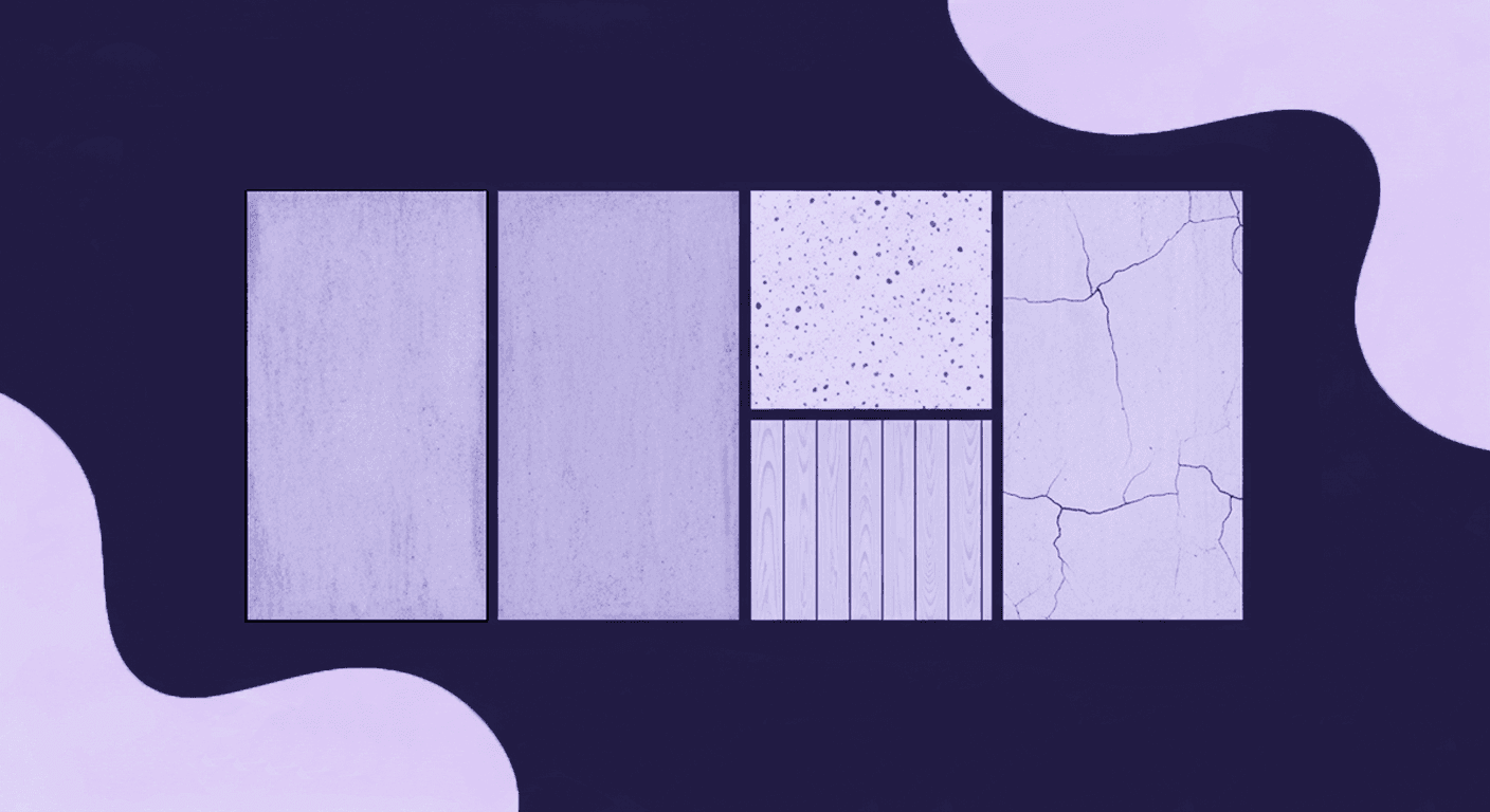 Mapping Concrete Surface Varieties for CG Renders An abstract image illustrating four vertical concrete texture panels showing smooth polished cement, fine aggregate, board-formed wood grain, and weathered cracked concrete.