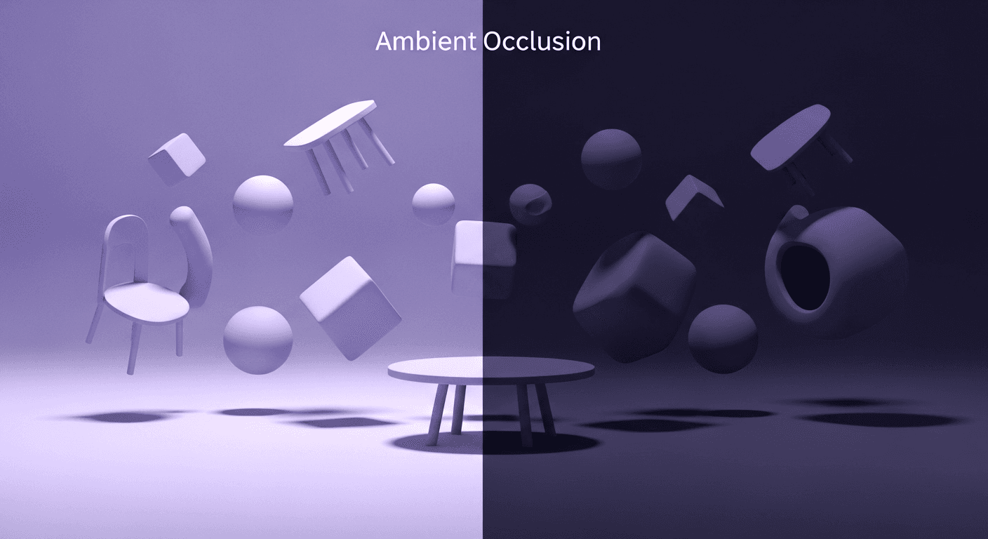 Ambient Occlusion Map: Comparing AO Effect for Believable 3D Scenes Split-screen 3D rendering comparing Ambient Occlusion. The left side is light purple, showing subtle shadows underneath floating objects, while the right side is dark purple and lacks the distinct contact shadows, illustrating the role of AO maps in 3D realism.