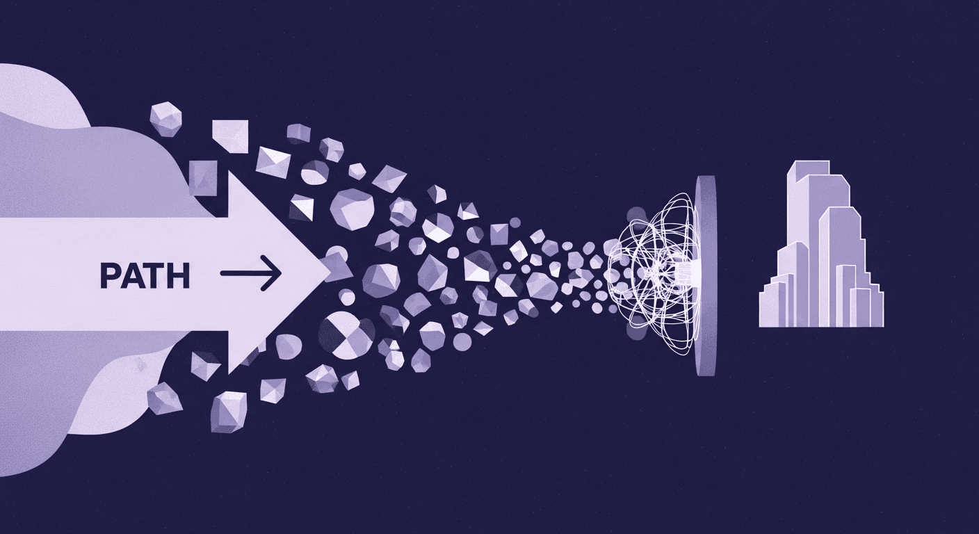 Smart Architectural Material Selection - Abstract Workflow An abstract visualization illustrating an intelligent architectural workflow, where geometric shapes symbolizing material data feed into a glowing mechanism to produce a clear architectural silhouette, relevant to the science of smart material selection for architects.