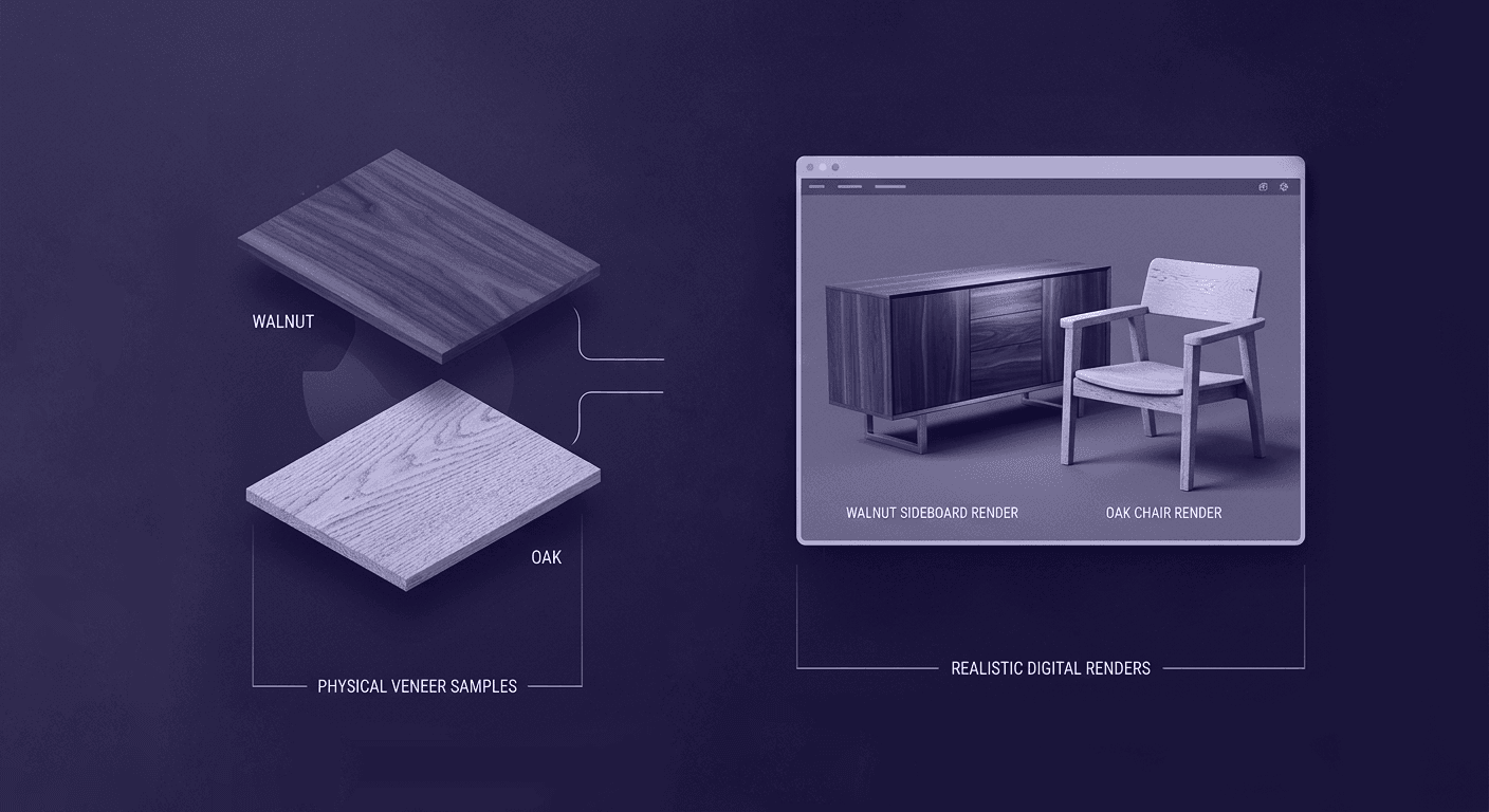 Why Walnut and Oak Veneer Textures Define Your Design Strategy An infographic comparing physical walnut and oak veneer samples with their corresponding 3D digital furniture renders.