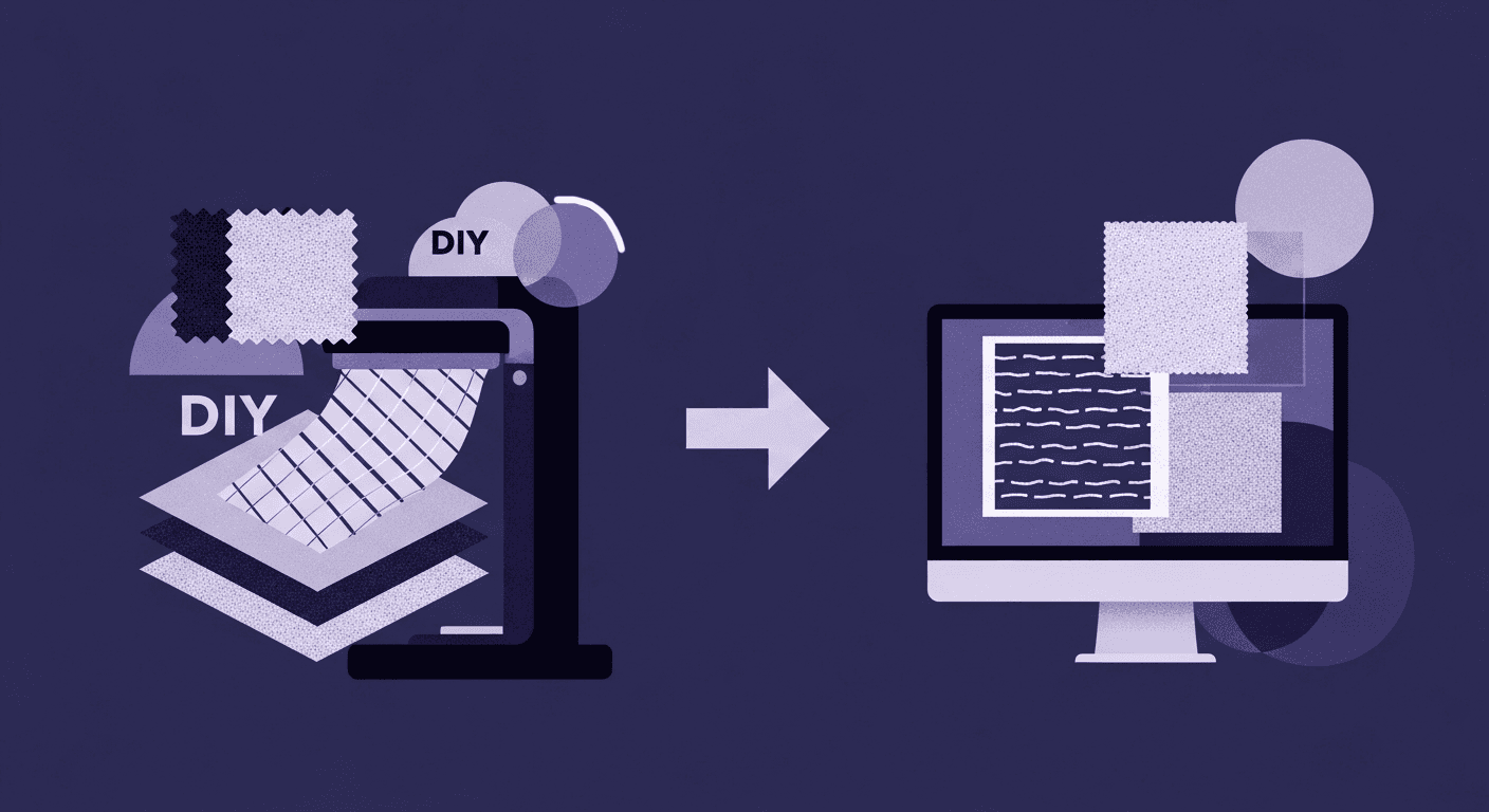DIY Textile Texture Techniques That Make Digital Designs Come Alive A conceptual diagram showing various layered DIY textile samples and handmade patterned papers being placed into a scanner (left), with an arrow pointing to a computer monitor (right) displaying the resulting digital textures ready for use in digital design or 3D art.