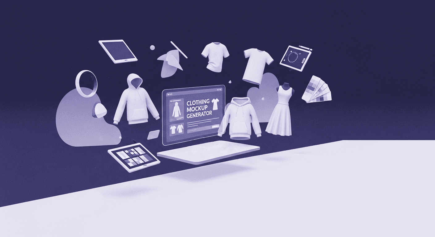 Digital Fashion Pipeline: Clothing Mockup Generator and Design Tools Digital illustration of a clothing mockup generator screen surrounded by floating 3D models of garments (t-shirts, hoodies, dresses) and design tablets, symbolizing a complete digital fashion design pipeline.