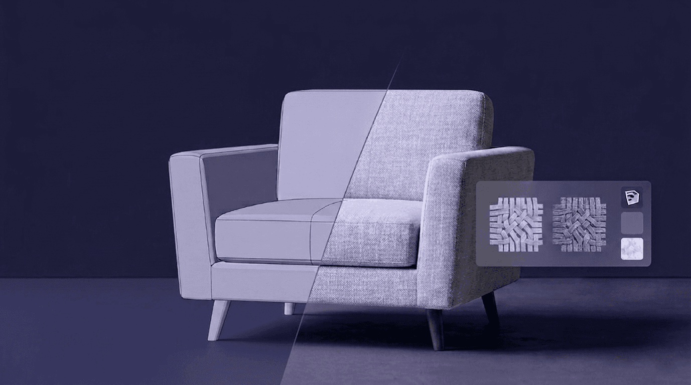 A Complete Guide : Mastering Seamless Fabric Textures in SketchUp A side-by-side comparison of a 3D armchair in SketchUp, showing the transition from a raw gray-scale model to a fully rendered surface with a seamless woven fabric texture.