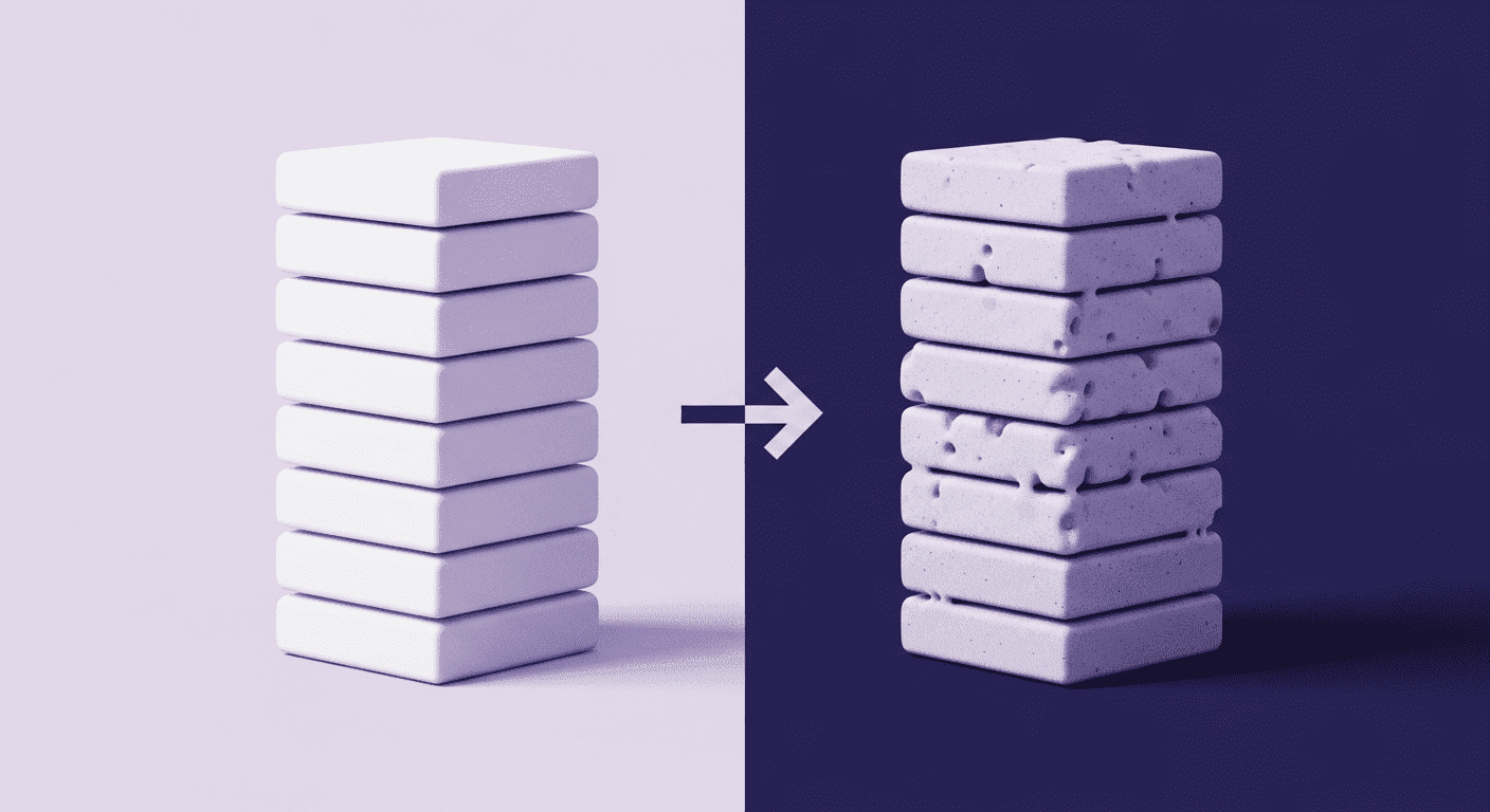 Transforming Architectural Visualization with PBR Textures An illustration showing a stack of smooth, plain white blocks on the left, with an arrow pointing to a stack of the same blocks on the right that are now rendered with detailed, rough, and realistic PBR textures, symbolizing the real-world impact and enhanced realism of PBR textures in architectural visualization.