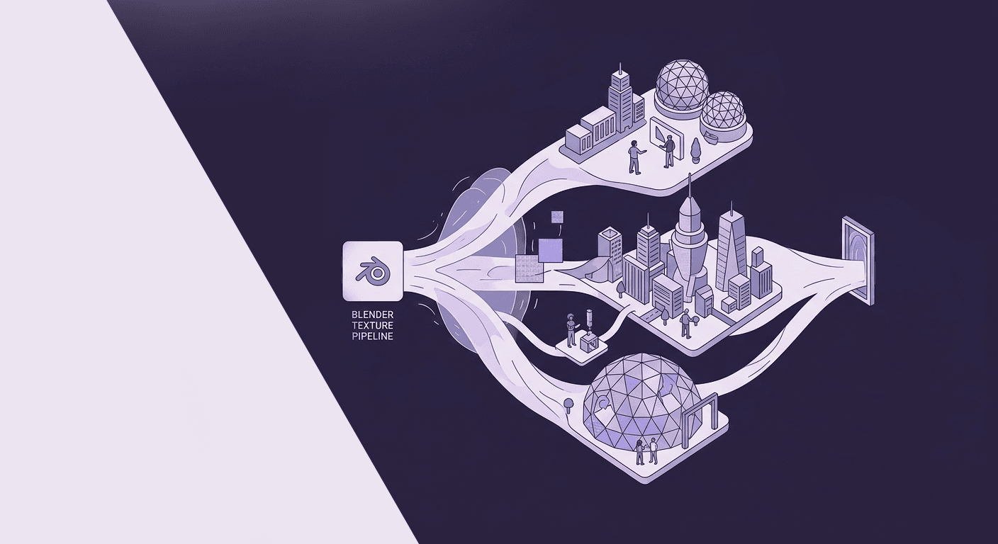 Scalable Blender Texture Pipeline for Metaverse Environment Design A technical infographic showing the Blender Texture Pipeline branching out to generate and map cohesive, optimized materials across complex metaverse cityscapes, futuristic structures, and geodesic dome environments.