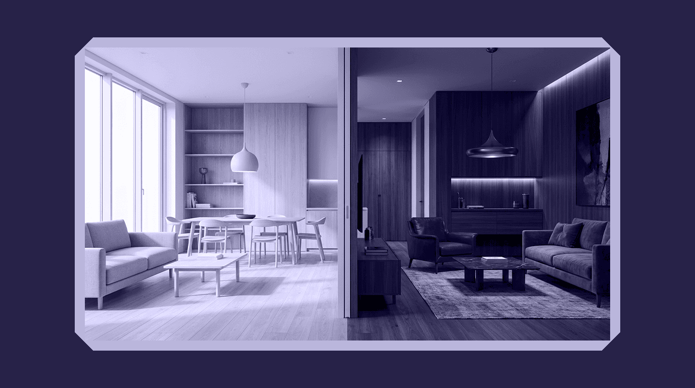 Light and Dark Wood Veneer Aesthetics in Modern Living Spaces A side-by-side interior design comparison showing a bright dining room with light oak wood veneers versus a moody living room featuring dark walnut wood textures.