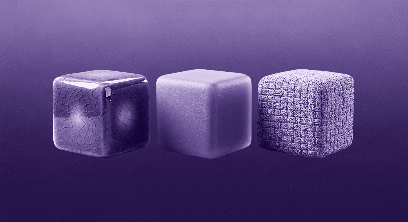 Photorealistic Texture Guide - Geometric Form Transformation Conceptual illustration in an article about building photorealistic ceramic, plastic, and nylon, showing geometric forms transformed by PBR texture mapping for gloss, subsurface scattering, and anisotropic sheen.
