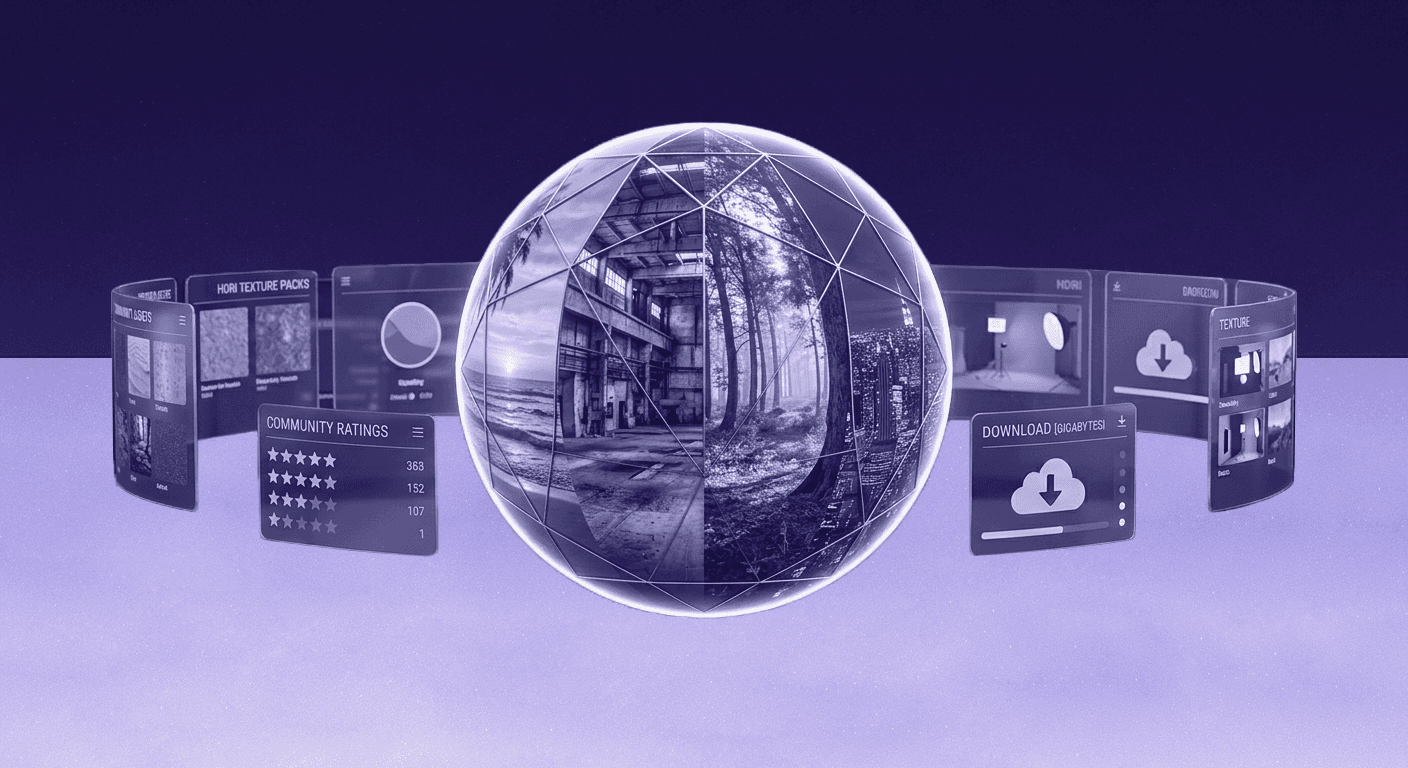Community Texture Resources - Empowerment Graphic An infographic featuring a central 360-degree environment sphere surrounded by community rating panels, download progress bars, and high-fidelity texture pack previews.
