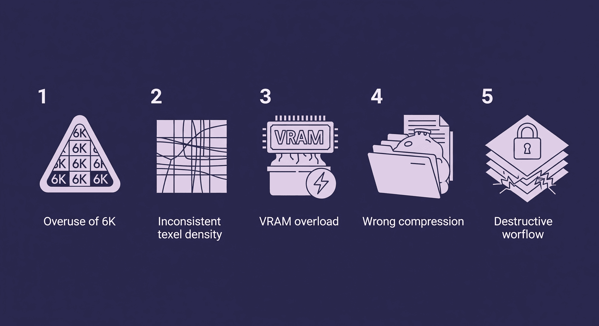 6K Texture Mistakes - Strategic Process Graphic Illustrating 5 critical 6K texture mistakes that negatively impact game performance, including overuse, inconsistent texel density, VRAM overload, wrong compression, and destructive workflow.